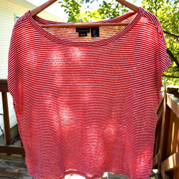 Tahari, cap-sleeve 100% linen red/white striped top women size L - Picture 1 of 5